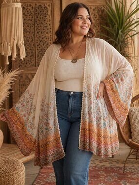 Boho Paisley Open-Front Kimono Tunic - Cream/Multi
